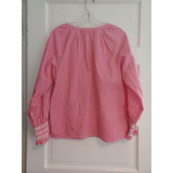 Talbots pink white stripe smocked cuff blouse M cotton popover updated preppy - Picture 6 of 8